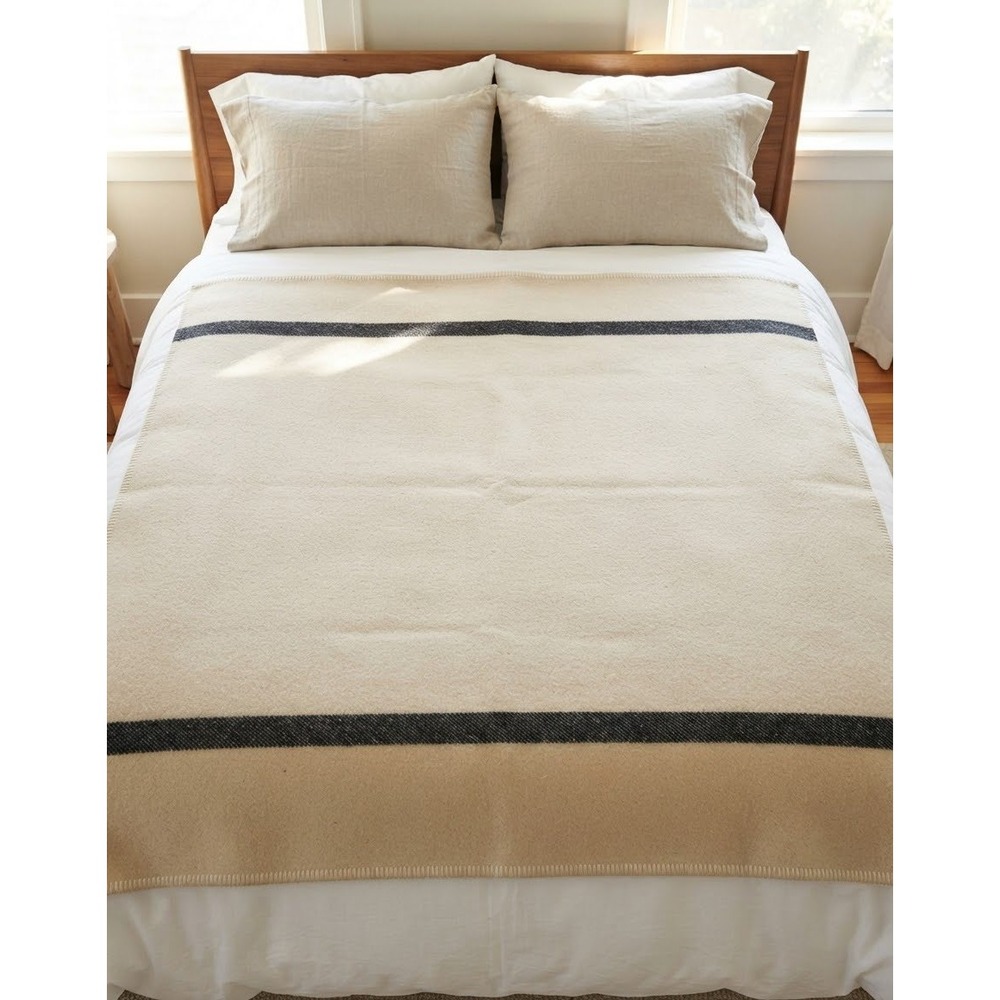 Wool Blend Striped Throw Blanket Cream Black Tan Whipstitch Edge Cabin Decor